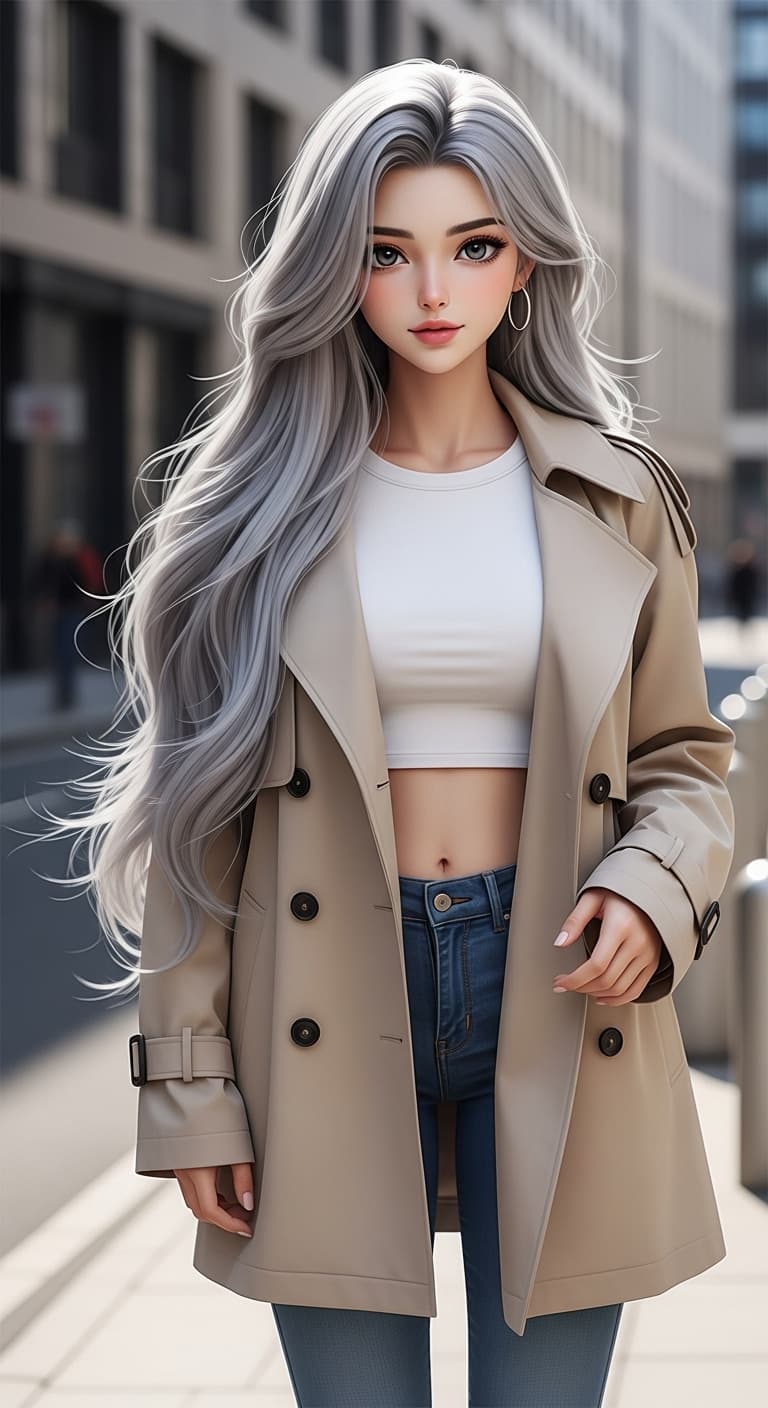 AI generated: realistic anime fusion girl with long silver hair, minimalist street fashion, oversized beige trench...
