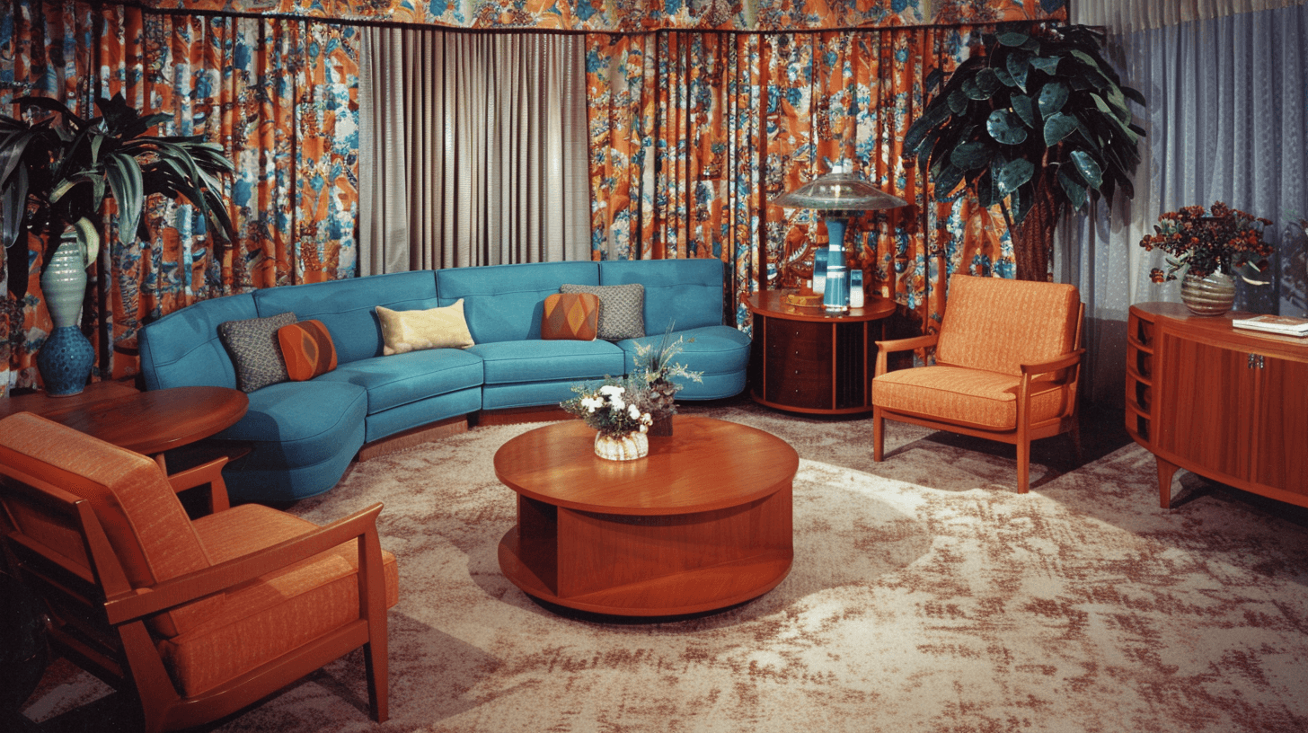 AI generated: A photo of an interior from the mid-20th century, showcasing a living room with a curved sofa and ch...