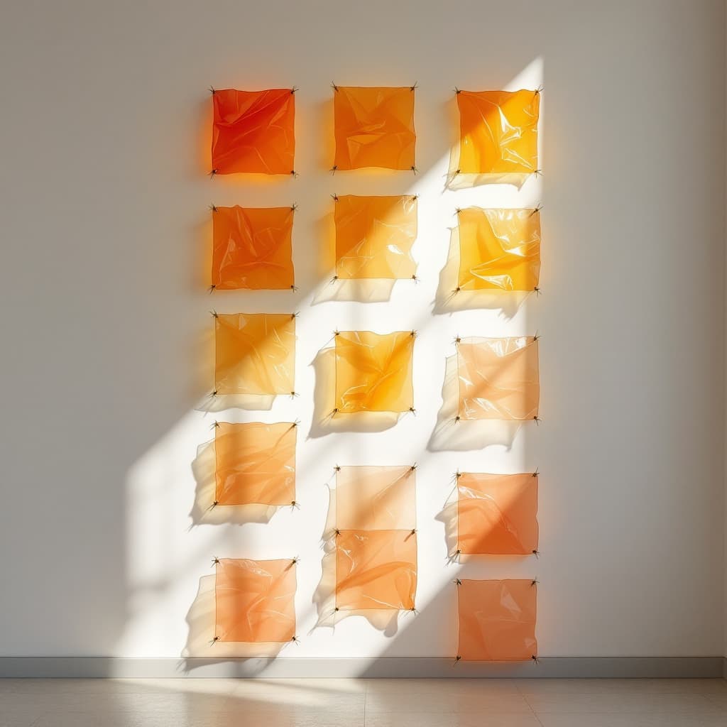 AI generated: rompt:
“A modern abstract art installation composed of semi-transparent, glossy, and crumpled square...