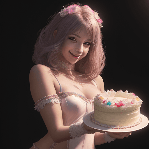 AI generated: female dressed as party girl, holding a cake, smiling, looking at viewer, (((full body visible))) po...