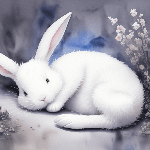 AI generated:  in the middle of the picture, a white rabbit, looks simple and harmless, lying on its side,curled u...