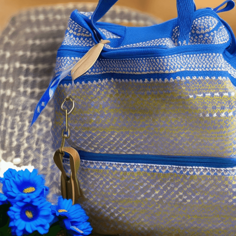 AI generated:  female hero;  style look like game: "bag inside a bag of milk" ; blue flower arrangement; the focus...