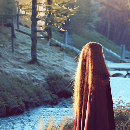 AI generated: a beautiful long hair medieval woman, by the river in the forest