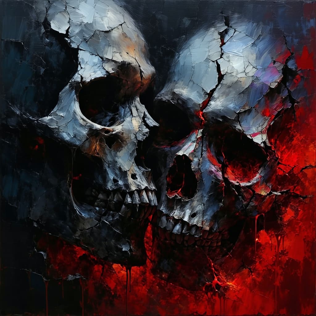 AI generated: unholy, brutal composition, gloomy, intense dark tones, horror, torn apart loving souls, lost soulma...