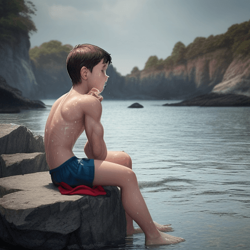 AI generated: 1. A boy is sitting in the water near the shore, slightly leaning back.
2. He is looking up, his tor...