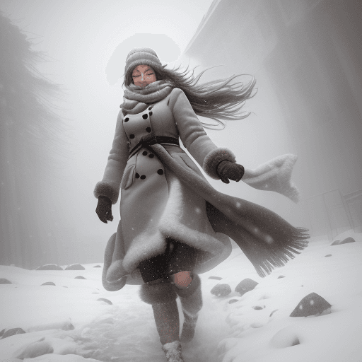 AI generated: sdgtl, Art Style, deep snowy landscapes, snowfall, A woman wrapped in warm fur winter clothes is wad...