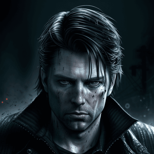 AI generated: full portrait of alan wake, vivid, eerie, blood splatter, highly detailed, photo realistic, 8k, shar...