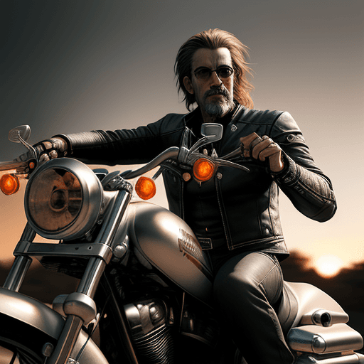 AI generated: realistic of a man riding a harley davidson motorcycle. movie scene, cinematic scene, sunset, road. ...