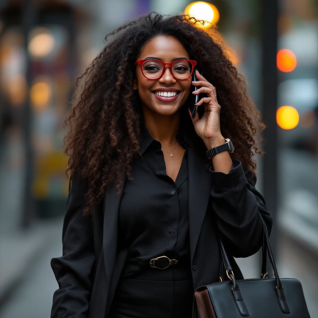 AI generated: a photo of a middle aged black woman with long curly hair wearing black glasses with red frames, the...