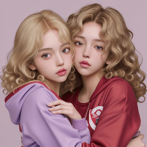 AI generated: an anime girl with curly hair and brown eyes with a lilac sweatshirt with her girlfriend (a girl wit...