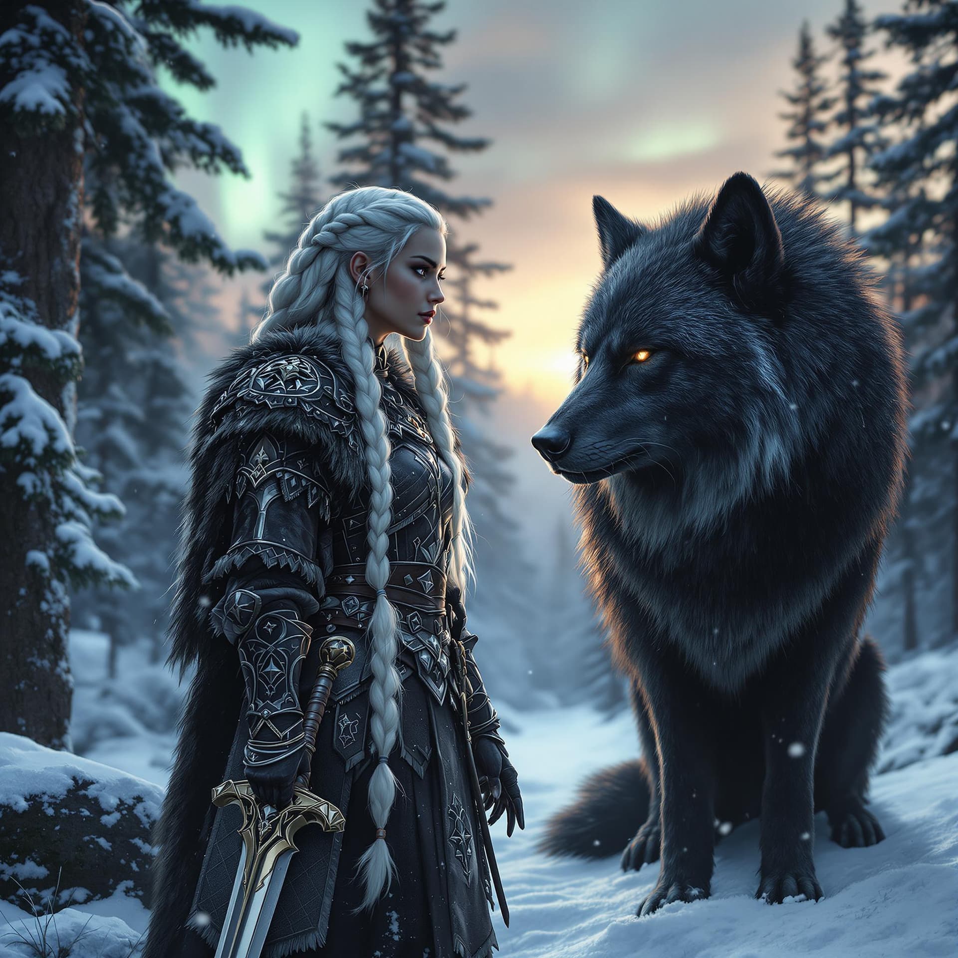 AI generated: A Viking warrior woman with long white braids, dressed in intricately detailed fur and leather armor...