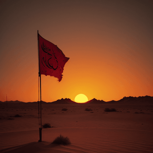AI generated: A tattered red flag on a pole stands prominently in a barren desert landscape, illuminated by the se...