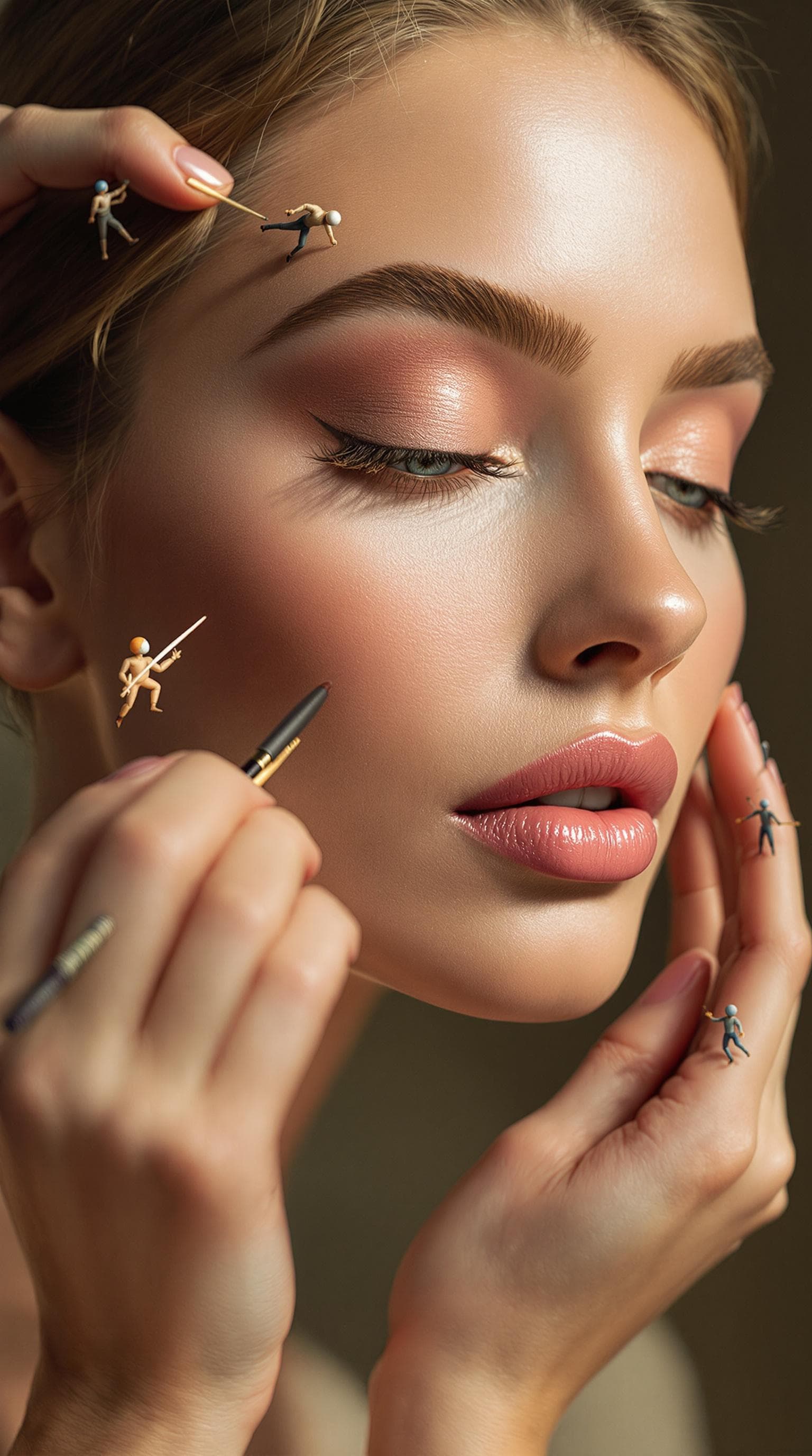 AI generated: A model’s flawless, naturally glowing face serves as an artistic masterpiece while tiny sculptors an...