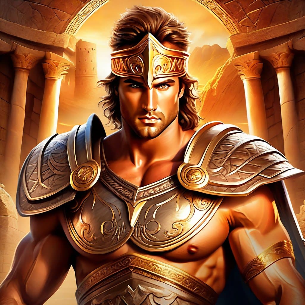 AI generated: A half body highly detailed art portrait of Perseus, an ancient greek warrior slayer, strong, very m...