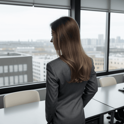 AI generated: young girl in a business suit of dark gray color, light shirt, medium-length dark-blond hair tucked ...