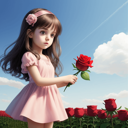 AI generated: an innocent girl holds a rose. cute girl. cartoon. child. background of sky and beautiful. youthful.