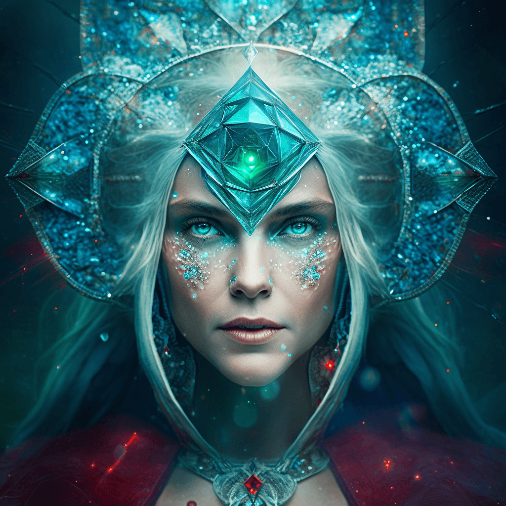 AI generated: a beautiful woman wearing a breathtaking gemstones containing the universe,psychedelic,blue hairs,gr...