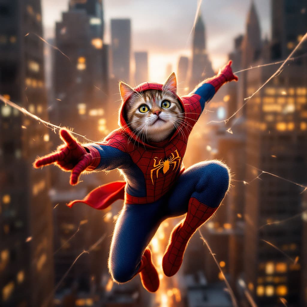 AI generated: spider cat, superhero cat dressed in spiderman costume flying over new york with his web, hyperreali...