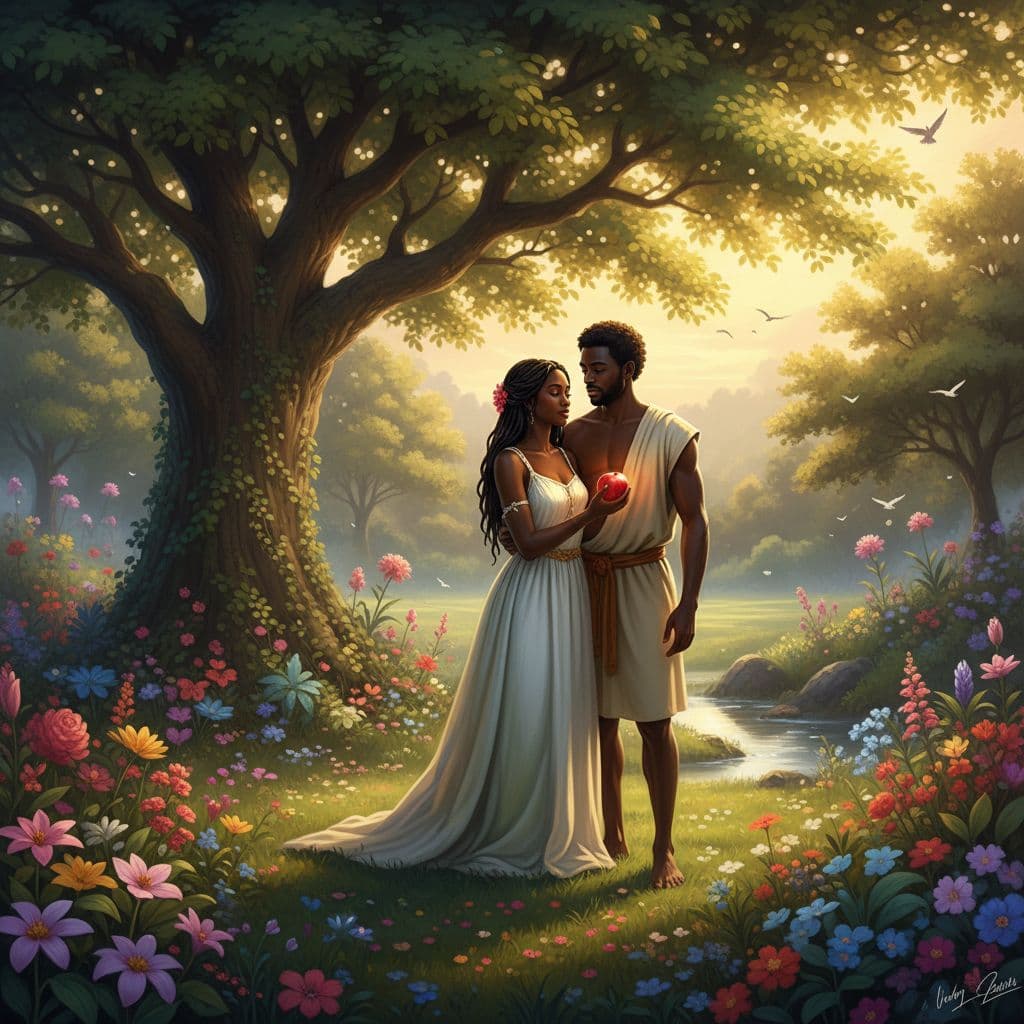 AI generated: A serene, lush Garden of Eden scene featuring an African American Adam and Eve standing together ben...