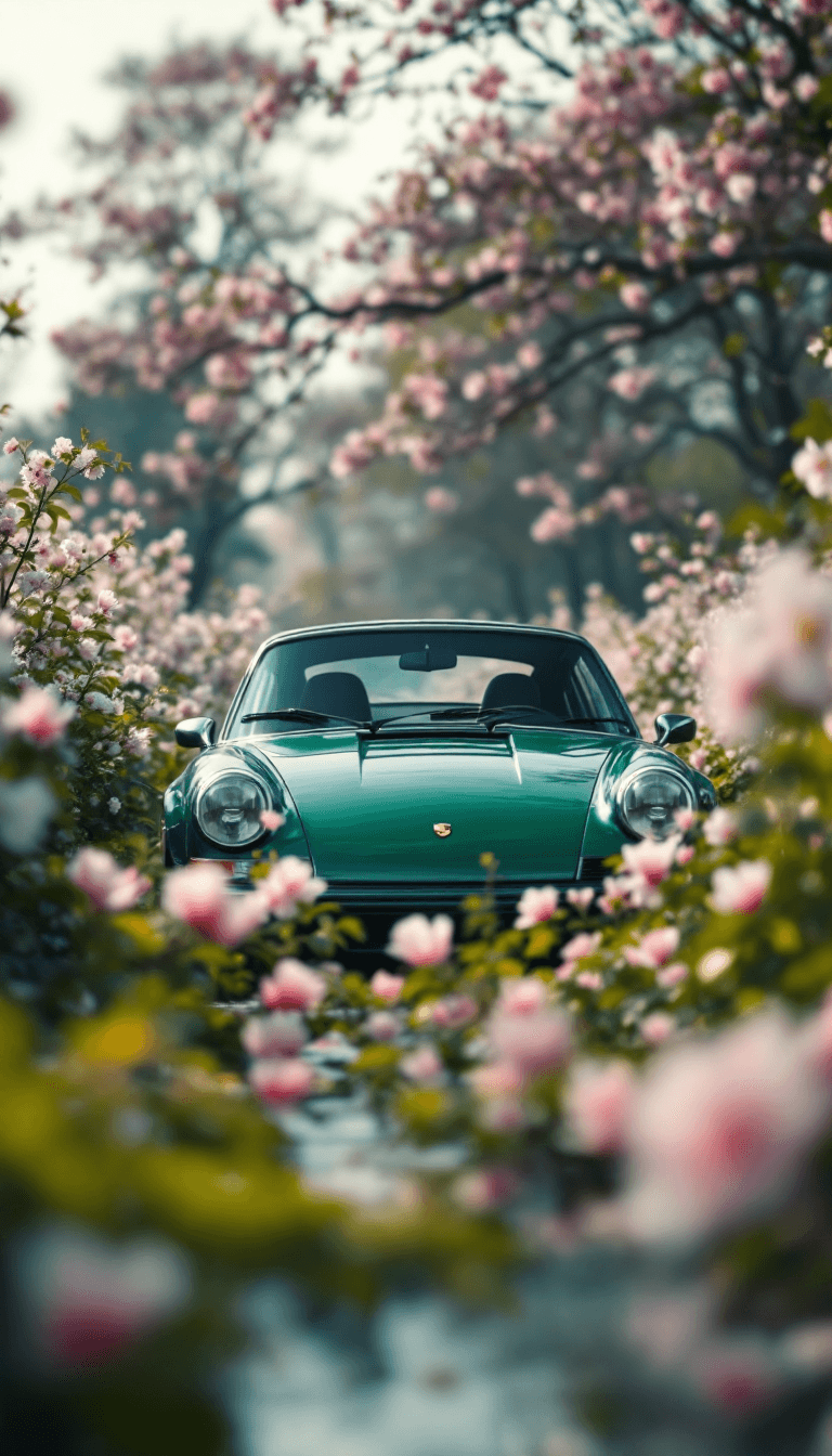 AI generated: extremely low shot of a forest green porche 911 in a field of flowers, add sakura petals in the fore...