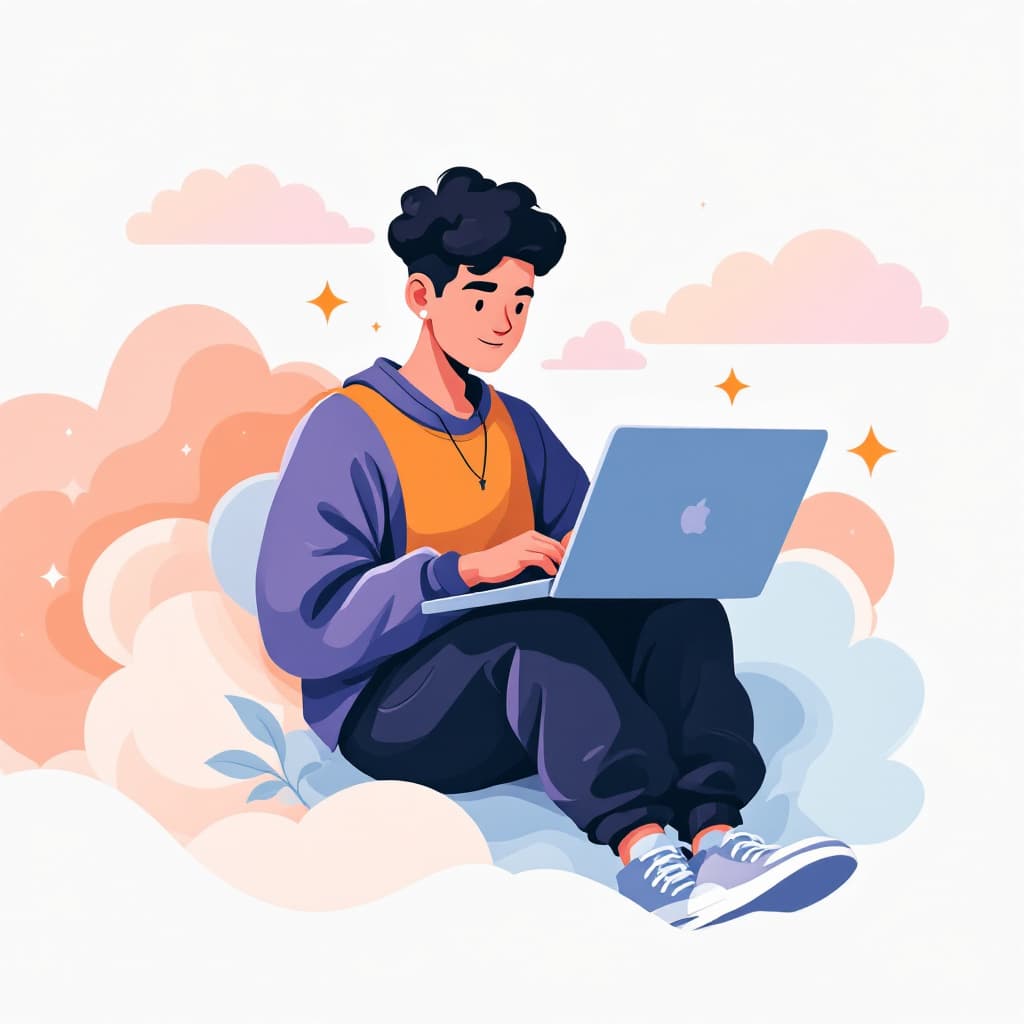 AI generated: A flat, modern digital illustration of a young person sitting on a soft, stylized cloud, working on ...