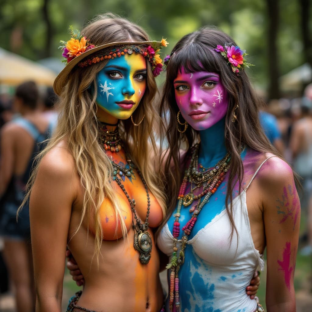 AI generated: 2 sisters Hippie, bodypainted in Woodstock 