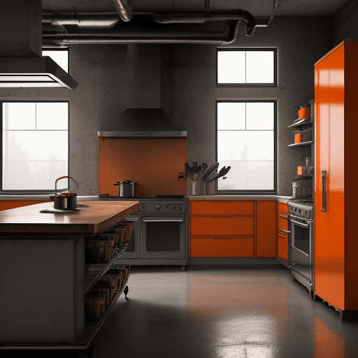 AI generated: an industrial kitchen in revolt , 8k , superhd , orange and gray tones