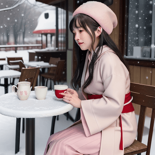 AI generated: winter, snowing, Outdoor seating at the Café, a pencake and a cup of tea are on table, the girl is l...