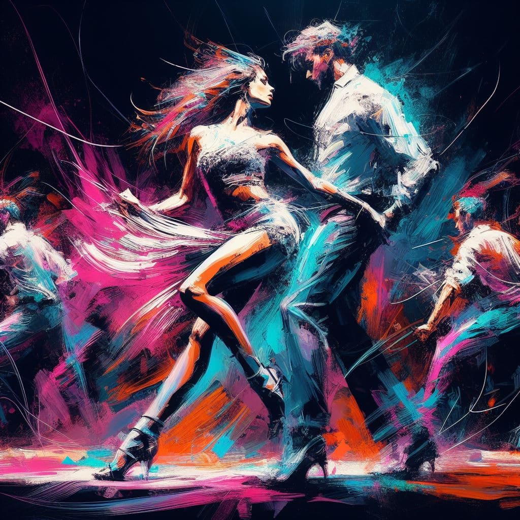 AI generated: aesthetic, painterly style, modern ink, bachata couple dancers, very tight clothes, sensual, eye con...