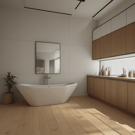 AI generated: High resolution photography interior design, dreamy sunken kitchen, wooden floor, clean cut geometry...