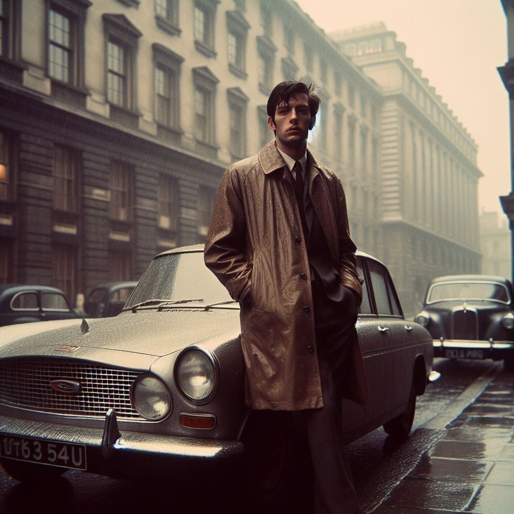 AI generated: high quality closeup 35mm shot of a man standing in front of a car next to a building, London, Engla...