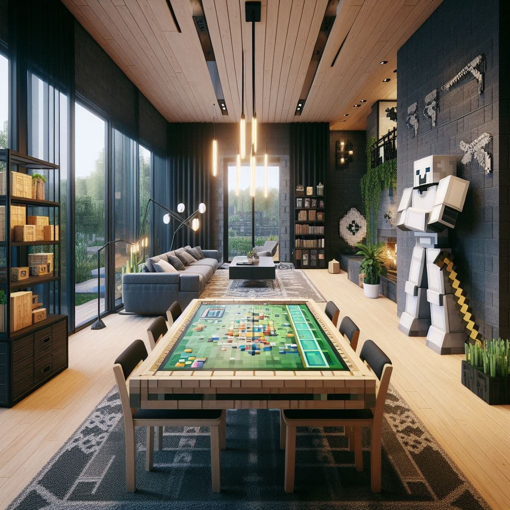 AI generated: interior of a real life modern house decorated by 3d minecraft blocks, there is an in-game enchantme...