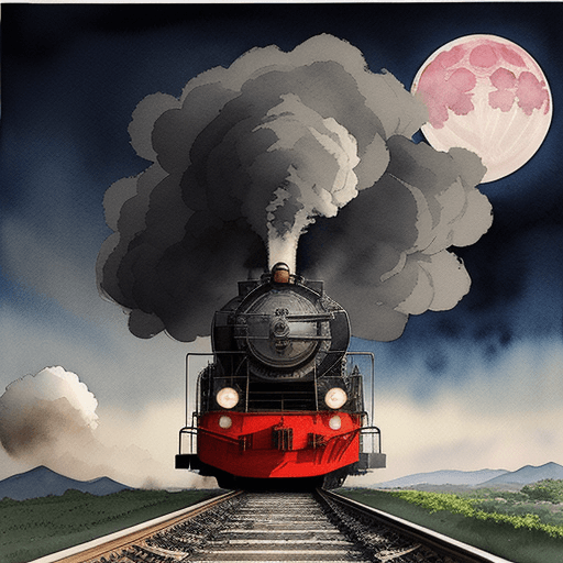 AI generated: Smoke in the center of the locomotive、headlight、Japan countryside、cinematic scenery、Guibli、large moo...