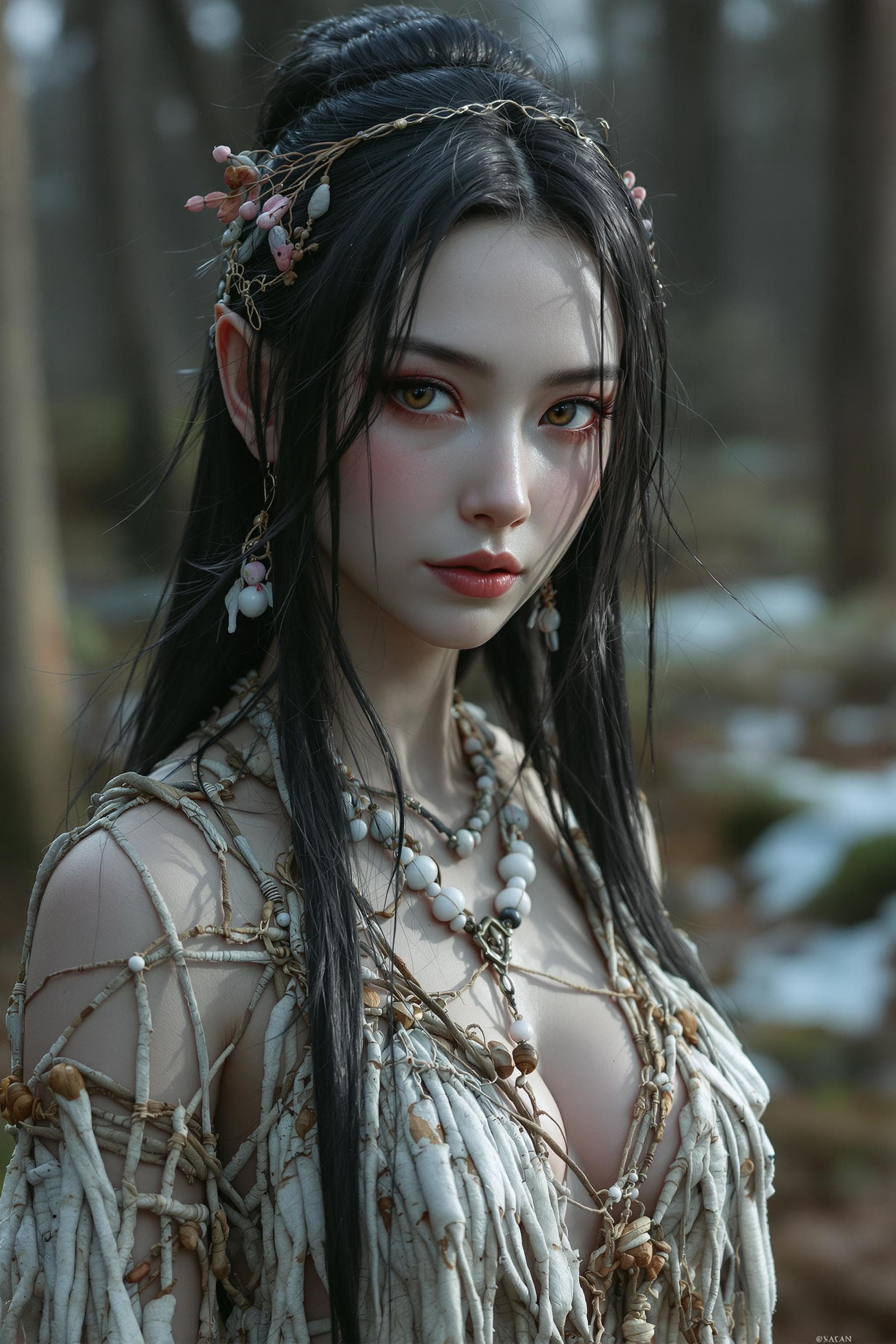 AI generated: 25 year old slender girl, photo of a seductive Yuki-onna druid, hyper detail, intimate facial expres...