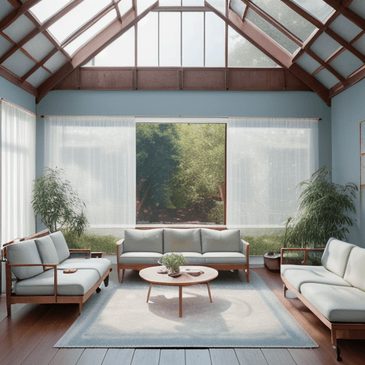 AI generated: A handsome boy, dreamy sunken living room conversation pit, wooden floor, small windows opening onto...