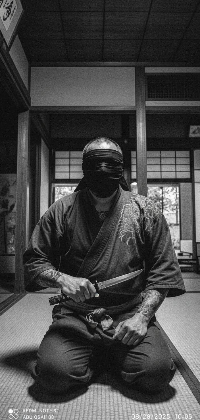 AI generated: Japanese Yakuza Warrior,eyes shut with black silk cloth,holding a knife,before harakiri behavior sty...