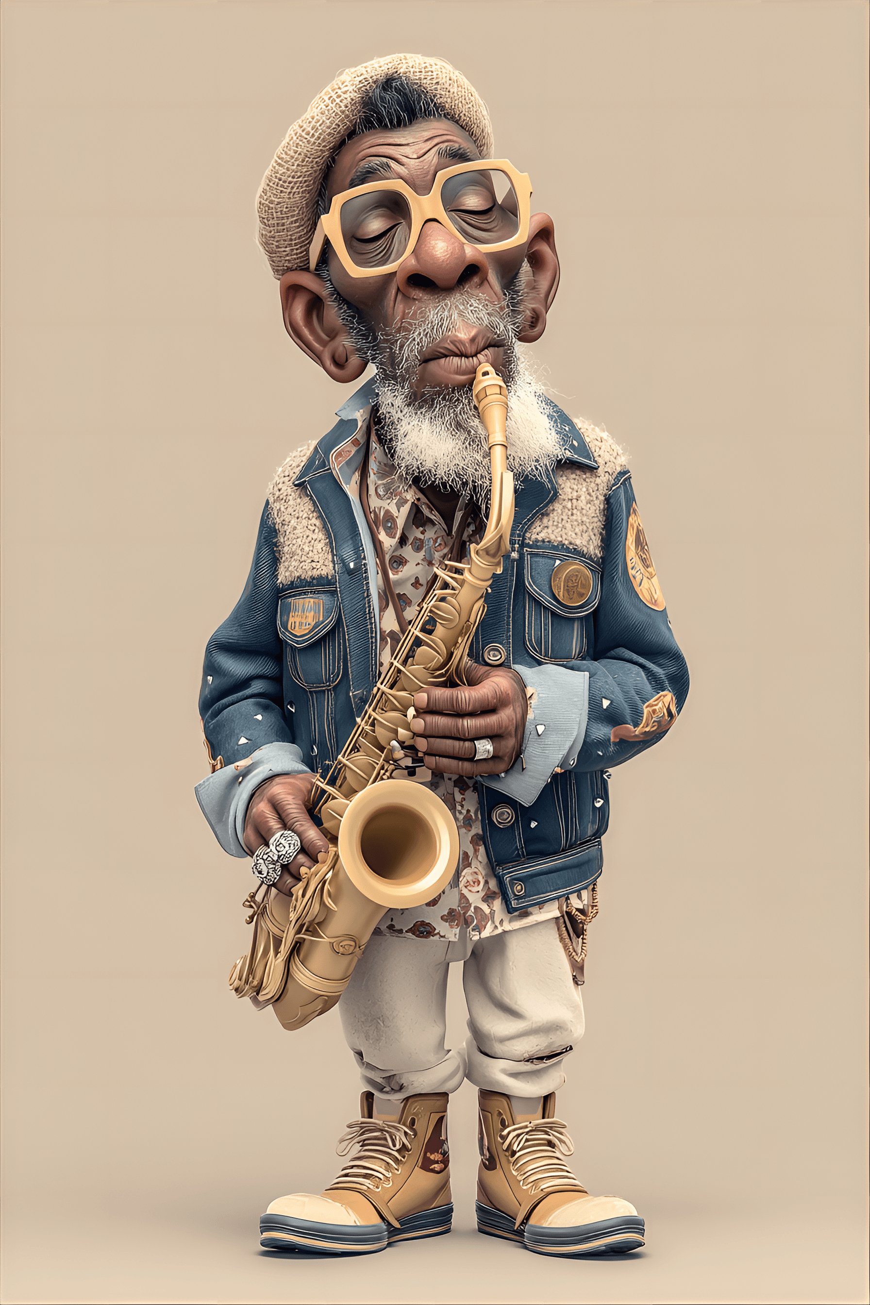 AI generated: whimsical cartoon depiction of an elderly Black man, approximately 60 years old, engrossed in playin...