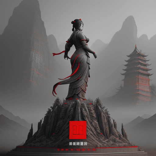AI generated: a large statue with a woman looking at it, in the style of unreal engine 5, northern china's terrain...