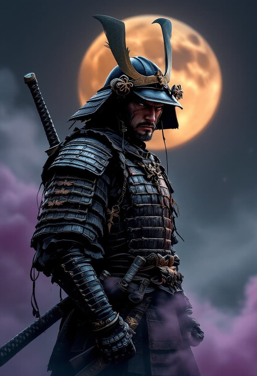 AI generated: realistic samurai warrior, traditional japanese armor and helmet, katana sheathed on waist, second k...