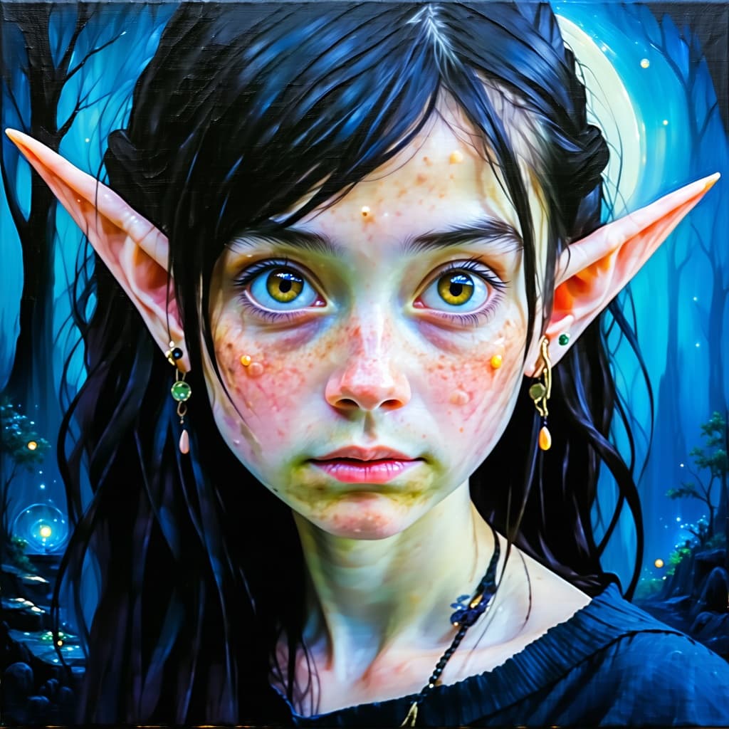 AI generated: Encaustic art painting. 12-year-old fair pale-skinned Vietnamese elf girl with freckles. Wearing com...