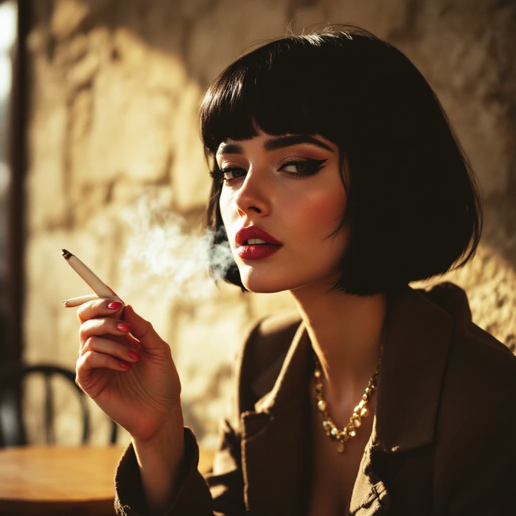 AI generated: “Close-up of a woman smoking a cigarette, short black bob haircut, bold eyeliner, sitting at a café ...