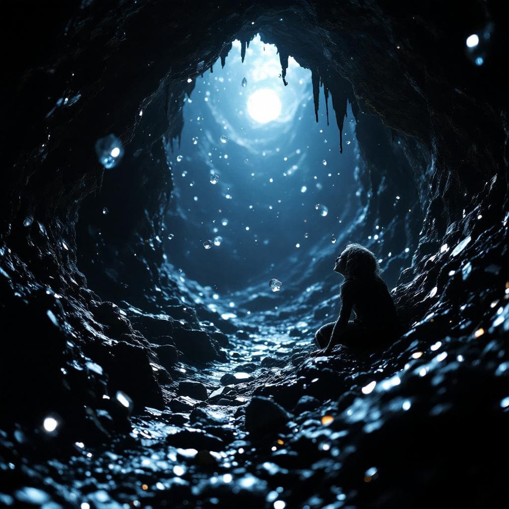 AI generated: photographic, ultrarealistic, ubsurdres, close up of a pitch black cavern, filled with sparkling  cr...