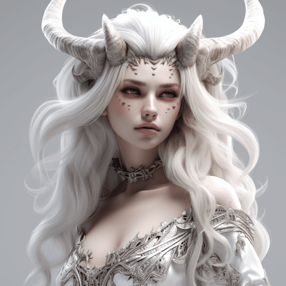 AI generated: a angelic girl with silver elegant horns, very beautiful with long white hairs, elegant pose, no bac...