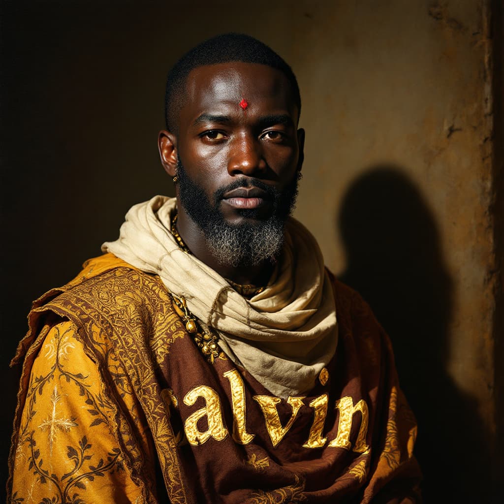 AI generated: “A portrait of a ghanian warrior with side lighting, in the style of Rembrandt.” with a design on hi...