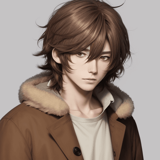 AI generated: anime, brown shoulder length shaggy hair, pale, eyebags, brown coat, eyeless