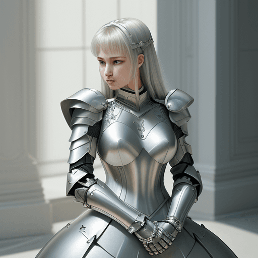 AI generated: a woman in armour, in the style of light white and dark silver, y2k aesthetic, soft, dream-like qual...