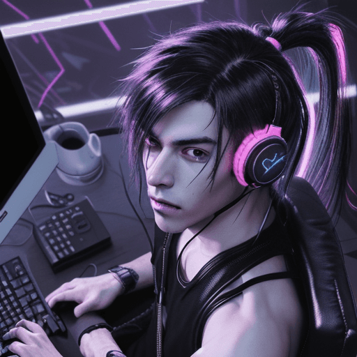 AI generated: Cyberpunk style male, typing on keyboard, wearing headphones, looking towards viewer, active pose, a...