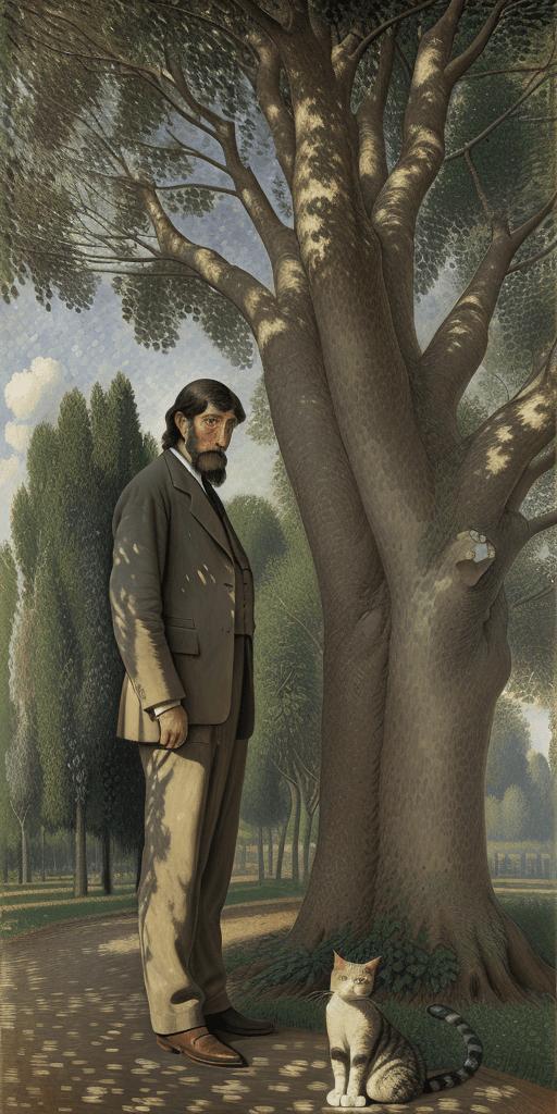 AI generated: Full height Side view Portrait of Pissarro standing near a tree and looking at the cat sitting near ...