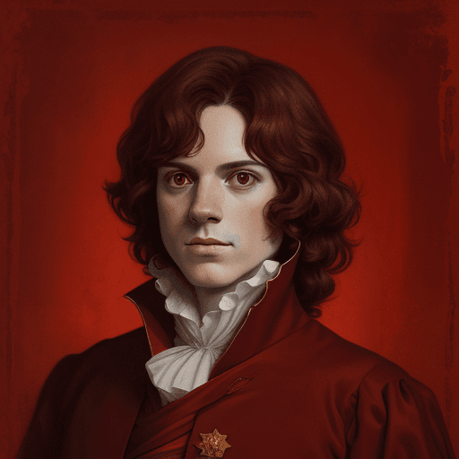 AI generated: Javier Milei as King Charles III vampire. Jonathan Yeo red background and a tiny dog in the hand. 

