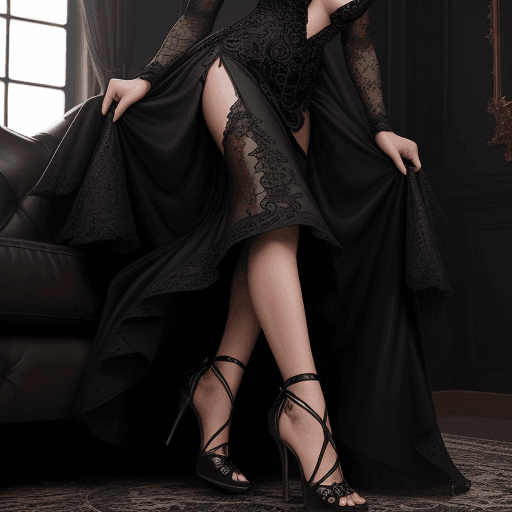 AI generated: a stunning instagram model in black with open high heels, open lace luxury dress, in the style of mu...